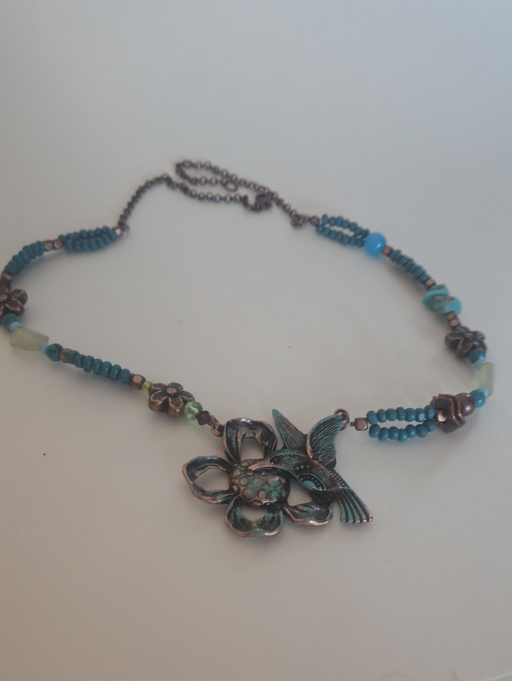 Turquoise Patina Hummingbird Flower Necklace - Women Jewelry